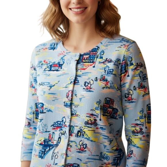 Talbots Petite M Cardigan Blue Bicycle Print - Picture 1 of 10